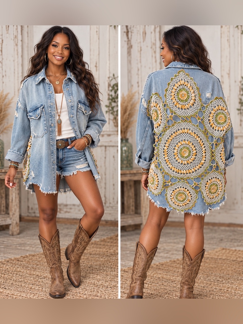 Upcycled ZARA distressed Crochet back Denim Shacket